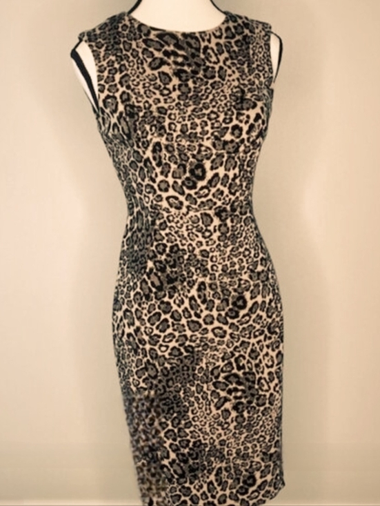 Calvin Klein Dresses & Skirts - NWOT Calvin Klein Leopard Print Sleeveless Sheath Midi Black Beige Dress Size 12